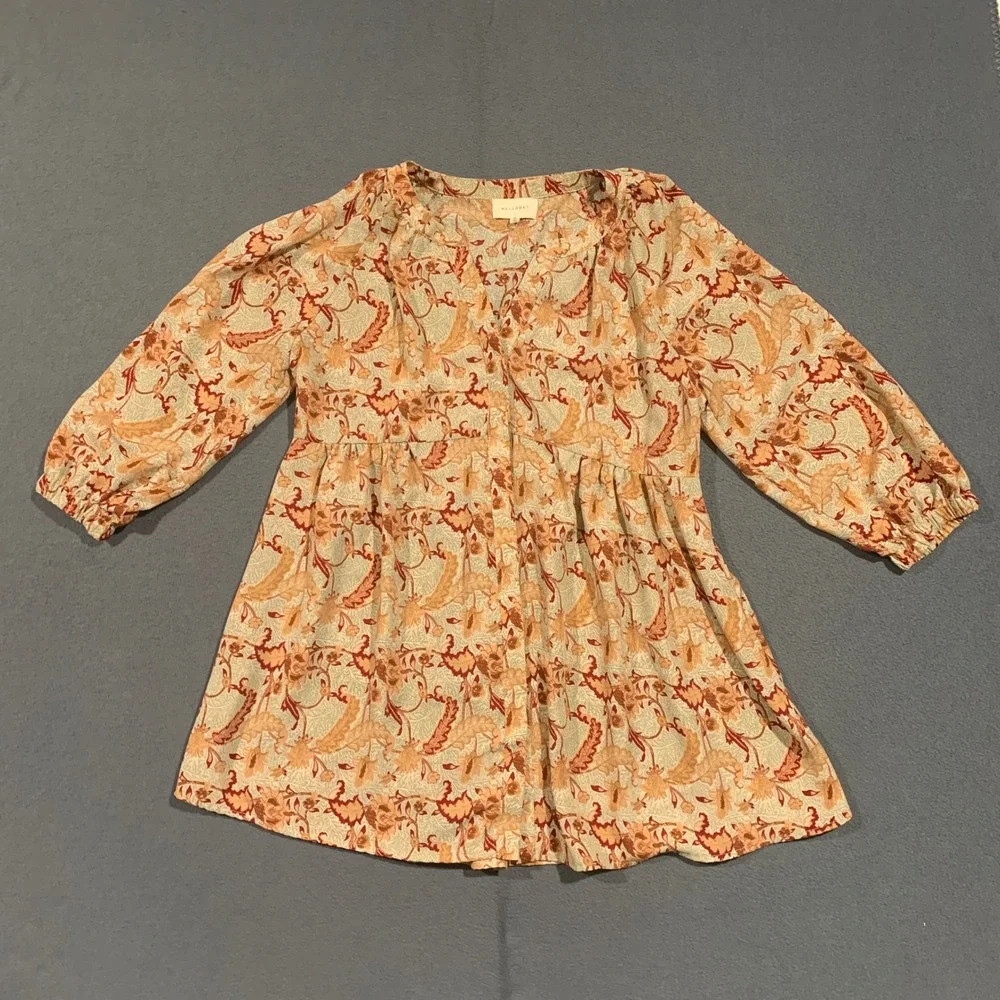 MELLODAY Womens M Babydoll Flowy Tunic Top Blouse‎ V Neck Beige Orange Fall